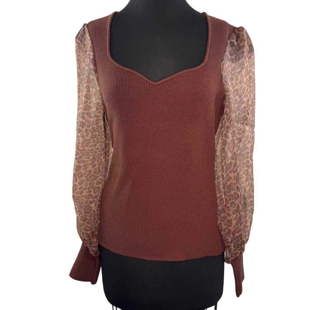 Anthropologie DOLAN Brown Sweater Leopard Sweetheart Sheer Puff Sleeve Large NEW